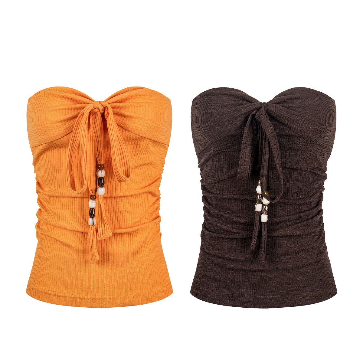 Beaded Drawstring Crop Top for Women, Fitted Slimming Side Pleated Knit Vest