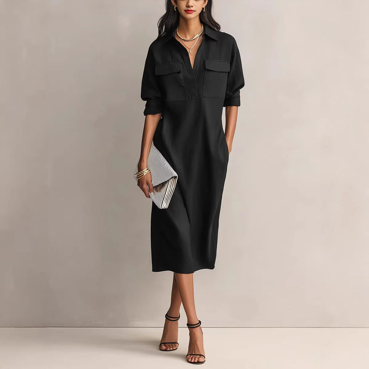 Elegant and Sophisticated Office Casual Fashion Fitted Comfortable Solid Color Mid-Length Dress