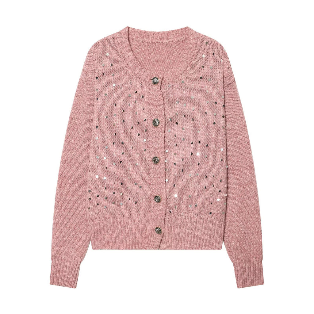 Street loose and versatile rhinestone sequin knitted cardigan