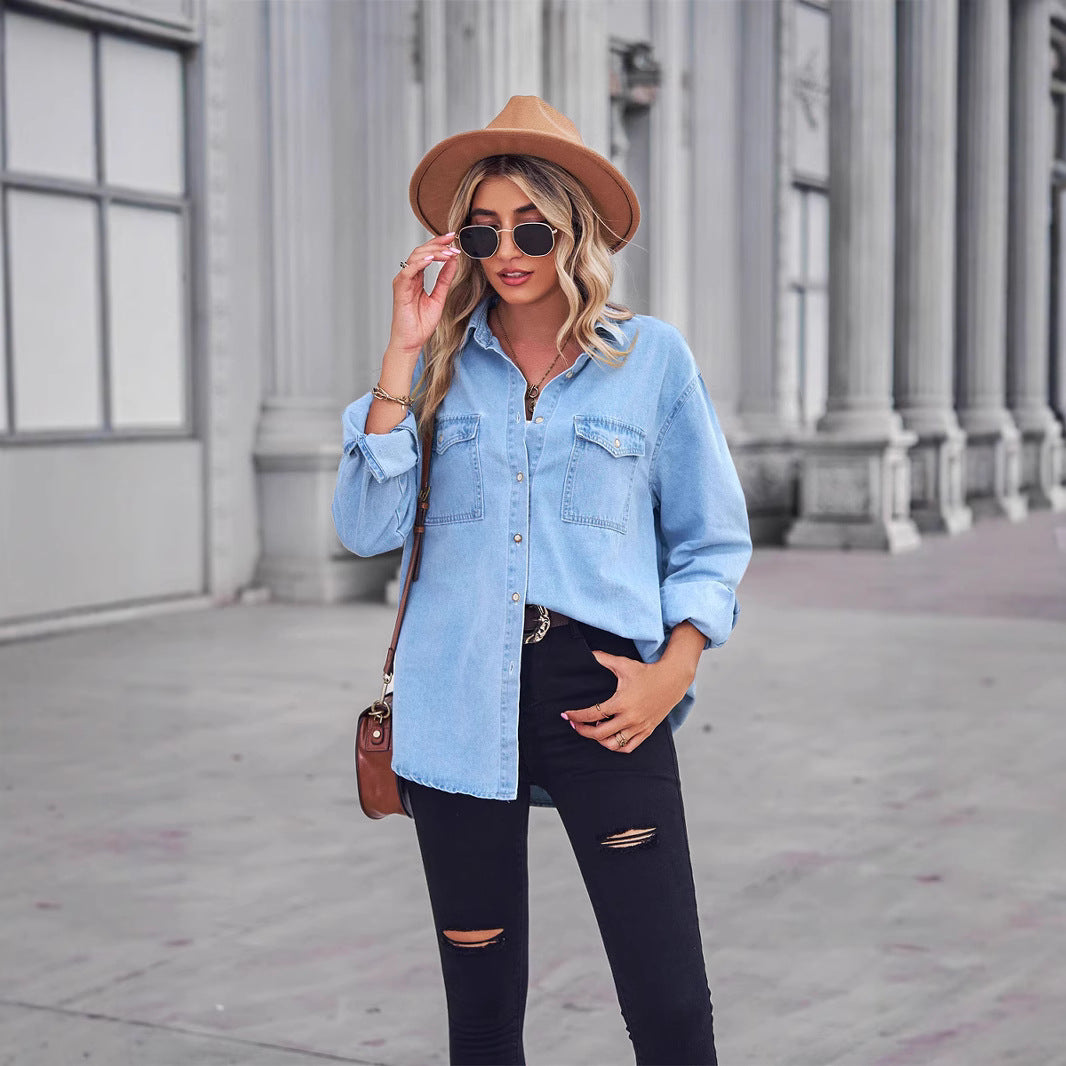 Fashionable Slim-Fitting Denim Jacket for Women with Single Row of Buttons, Long Sleeve Casual Shirt