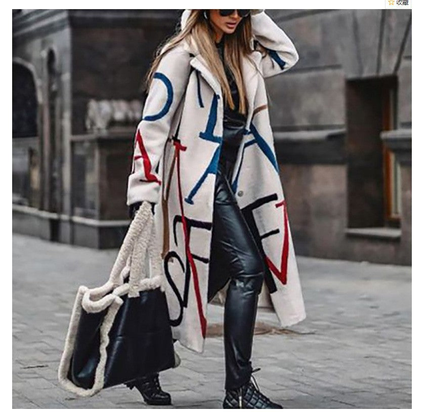 Autumn Long Sleeve Notched Lapel Printed Woolen Trench Coat for Women