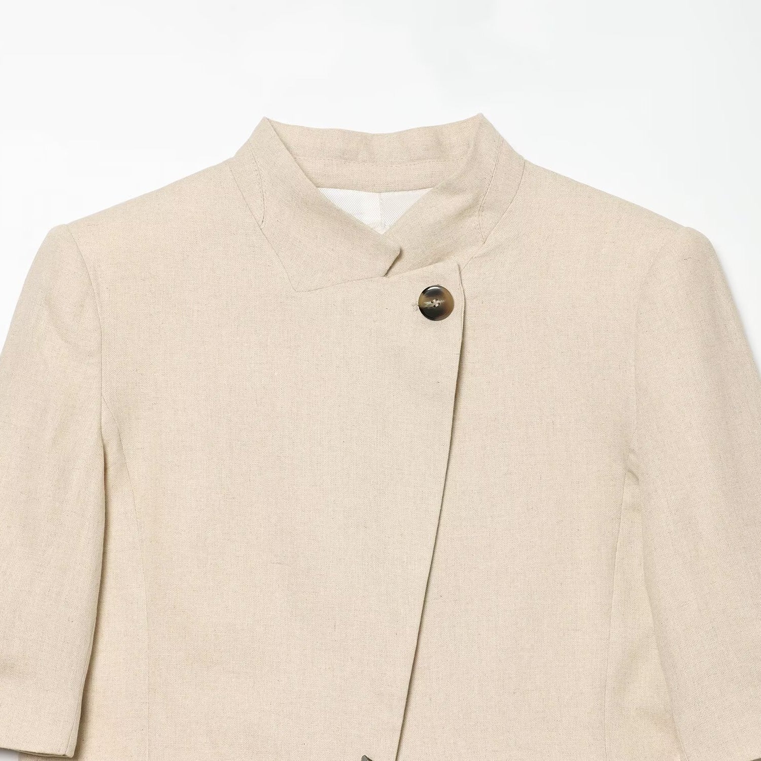 Stand collar linen blend short sleeved suit jacket