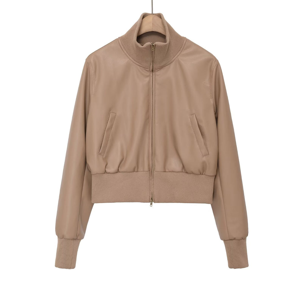 Stand collar versatile and minimalist faux leather executive jacket
