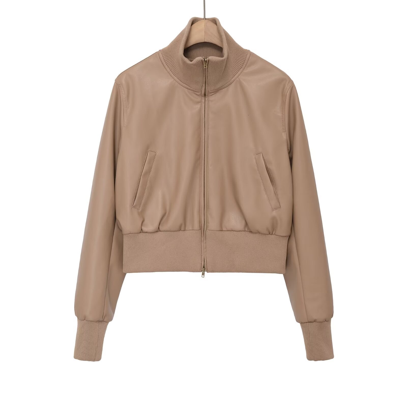 Stand collar versatile and minimalist faux leather executive jacket