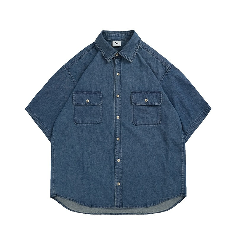 Workwear Denim Short Sleeve Shirt Unisex Retro College Style Washed Blue Shirt