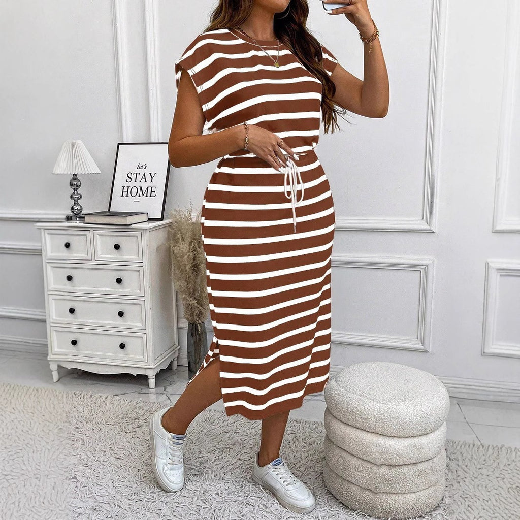 Stripe Print Short Sleeve Tie Waist A-line Dress