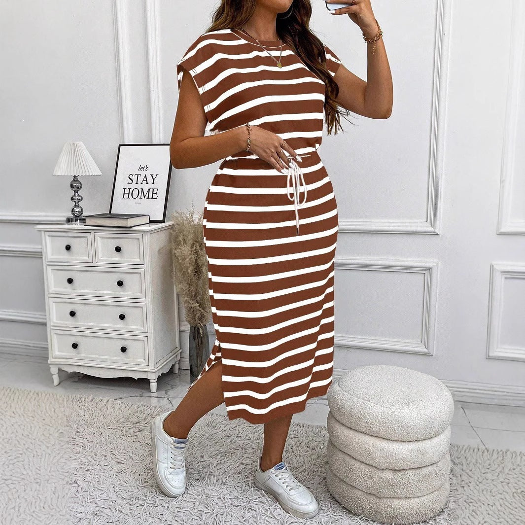 Stripe Print Short Sleeve Tie Waist A-line Dress