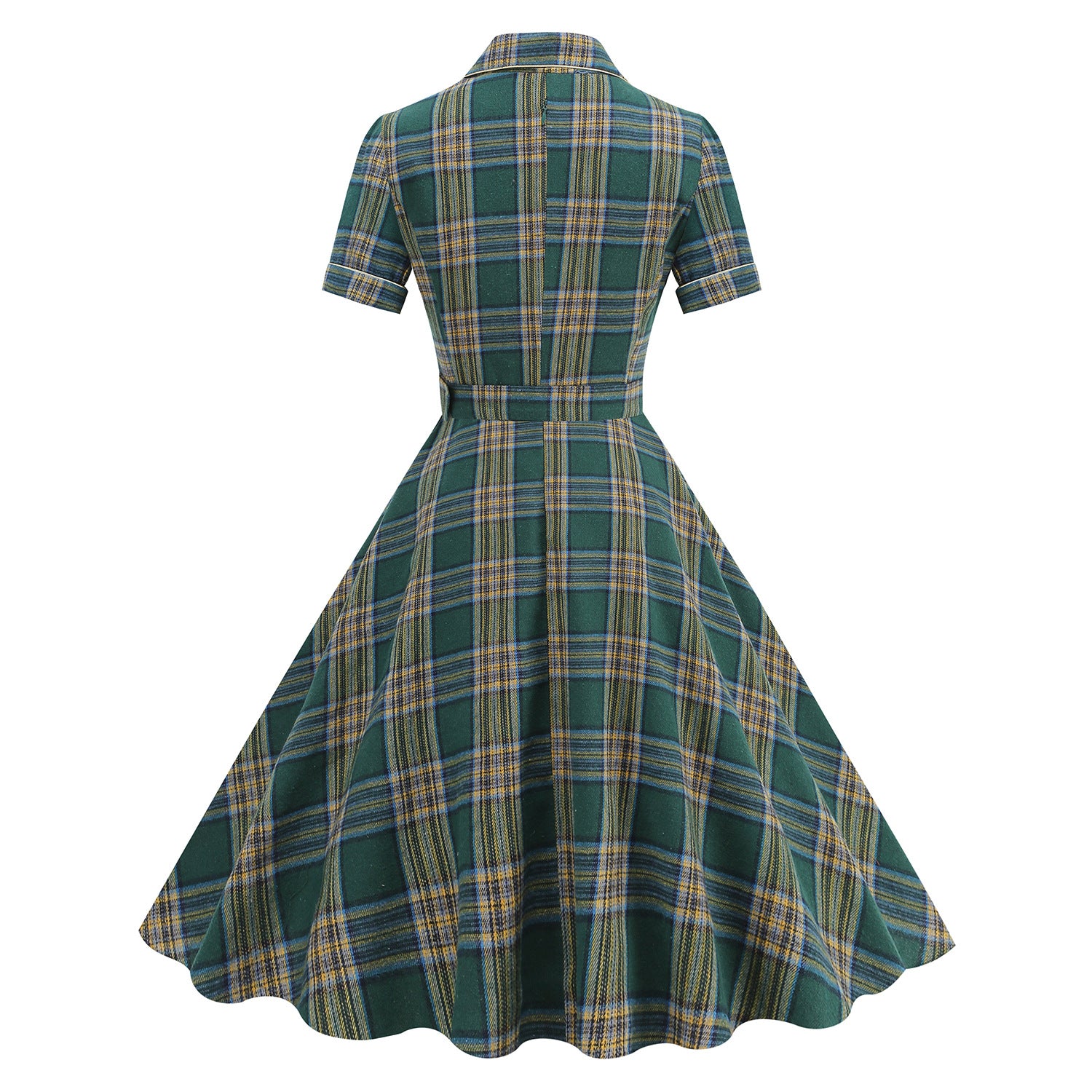 Christmas Hepburn Trimmed Bold Color-Blocked Suit Collar Plaid Fitted Tie-Waist Flared Midi Vintage Dress for Women