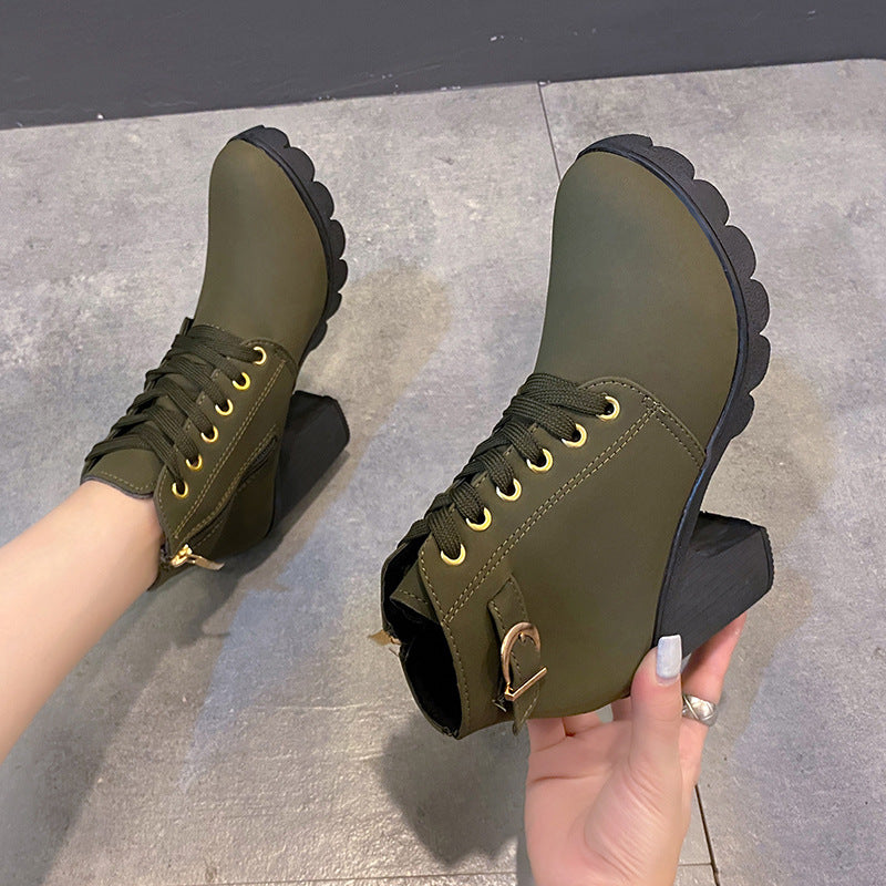 High heels belt buckles thick heels round toe Martin boots for women