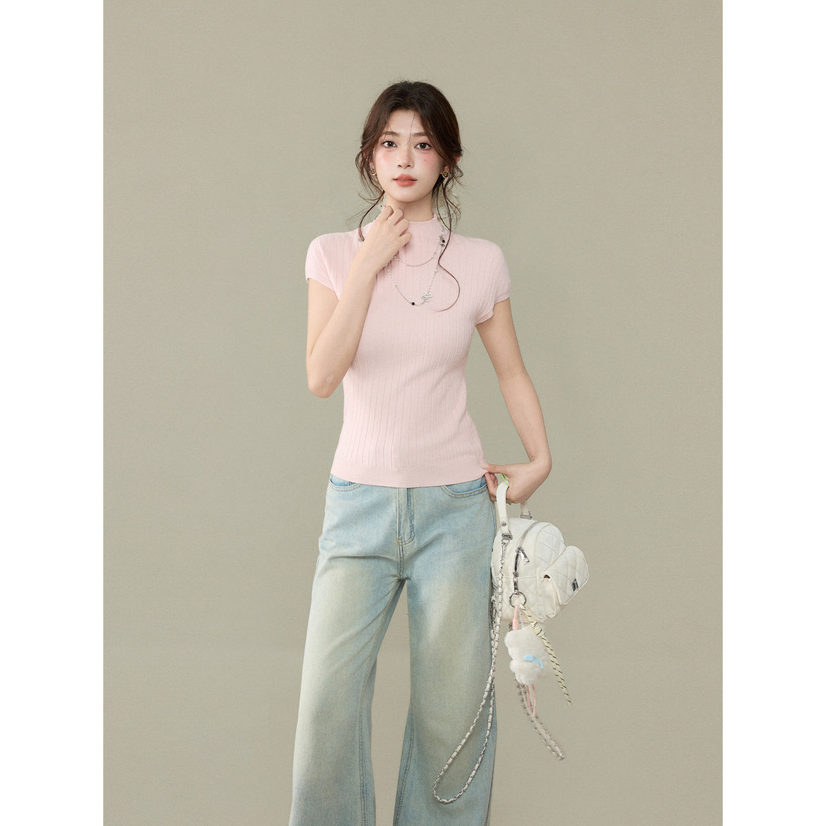 Short Sleeve Knit T-Shirt for Women, Slim Fit Sweet Style Summer Top