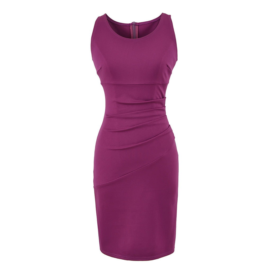 Elegant Pleated Bodycon Dress, Fitted Waist Split Design, Sophisticated Slimming Sleeveless Mini Dress Summer