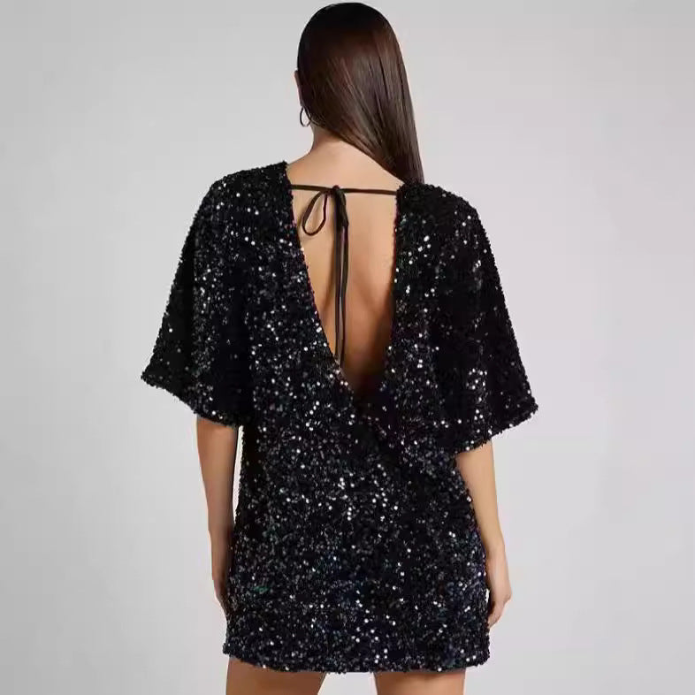 Chic Shoulder Strap Beaded Dress Women's Mid-Length Cocktail Dress
