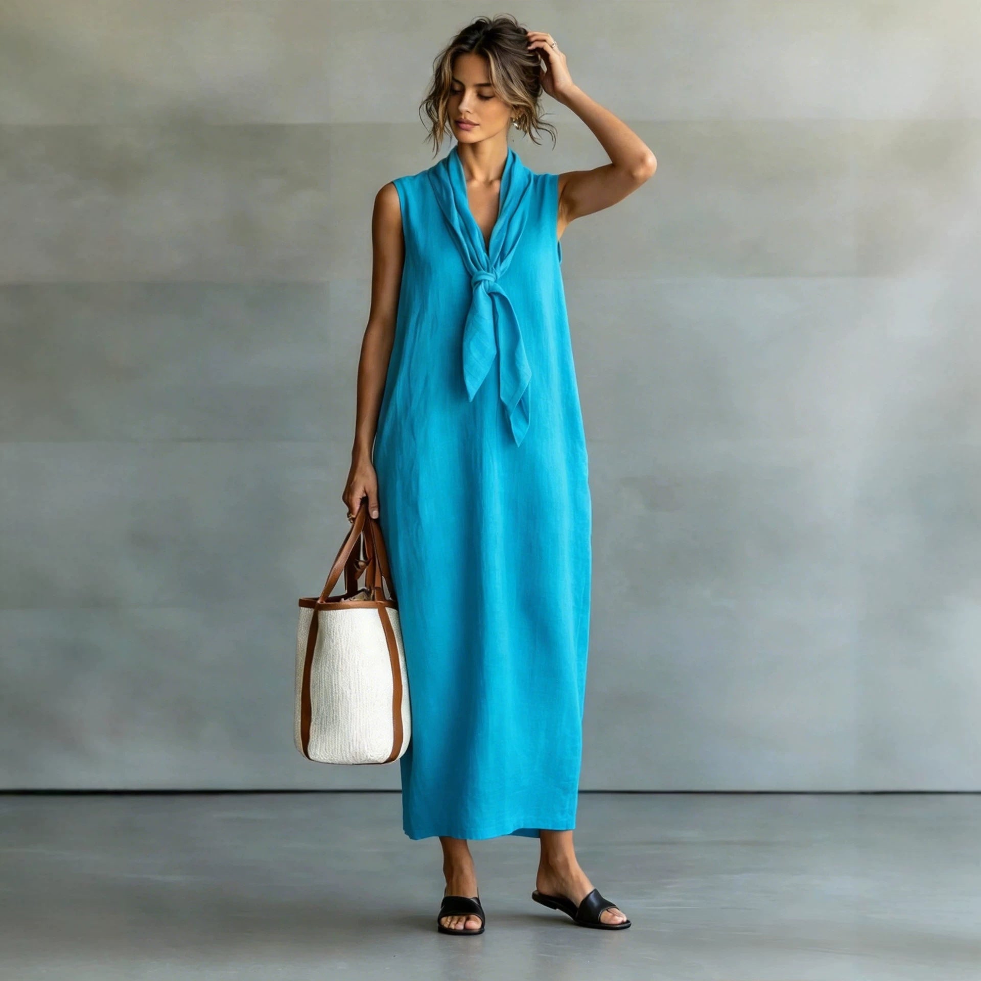 Chic Loose Vintage Style V-Neck Sleeveless Dress for Women