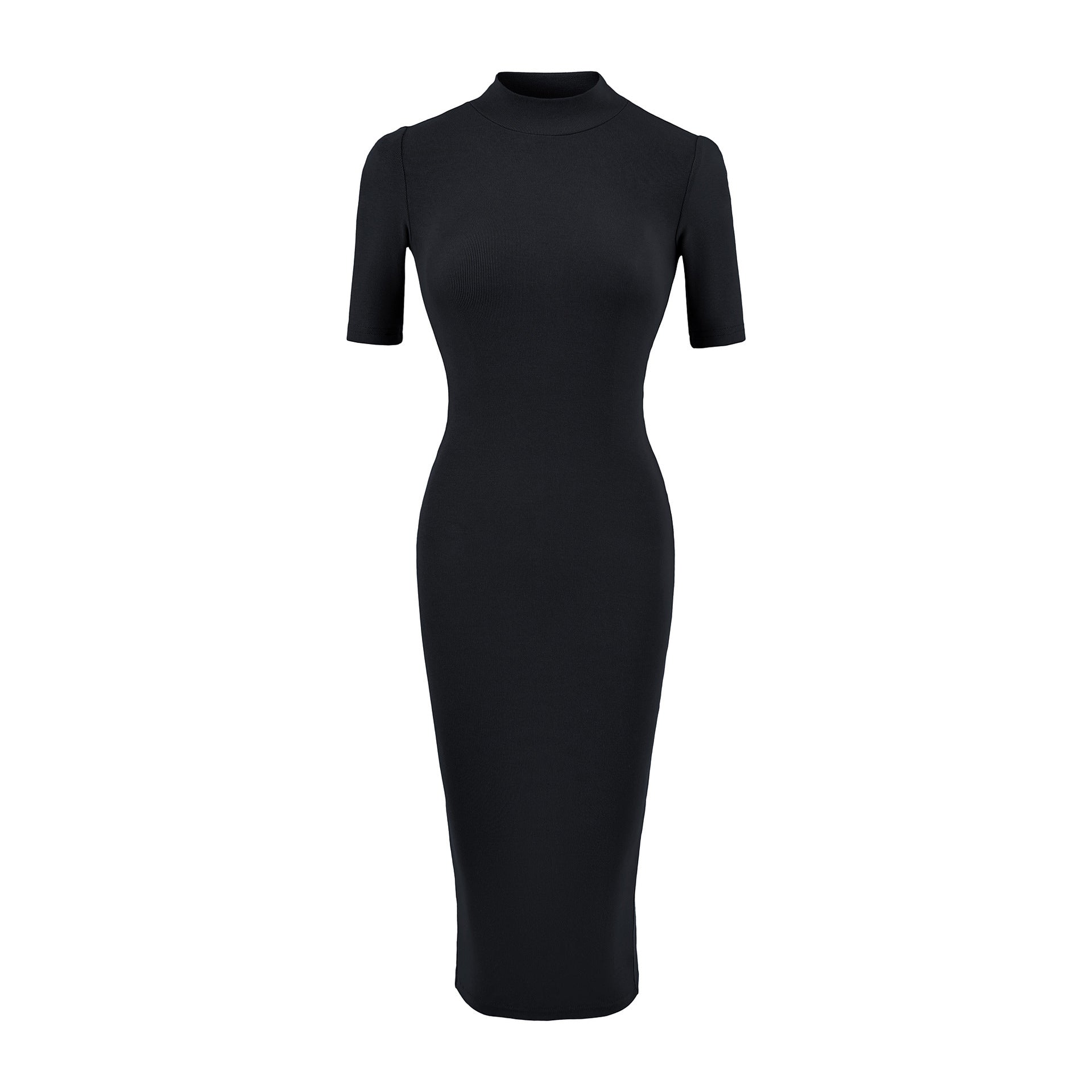 Half-High Neck Mid-Sleeve Back Slit Dress for Women,  Fitted A-Line Bodycon Skirt