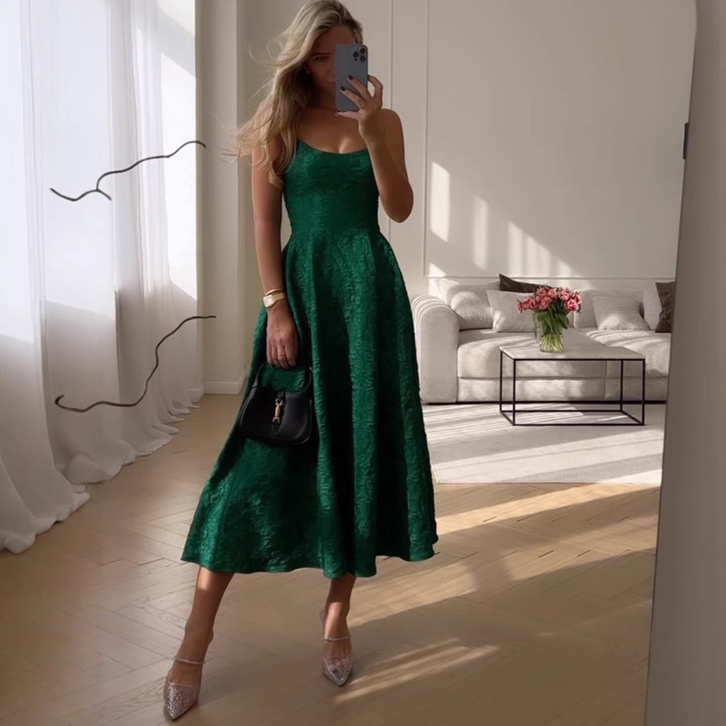 Ruched Letter Print Green Strap Long Dress with Waistline Elegant Casual Knit Dress