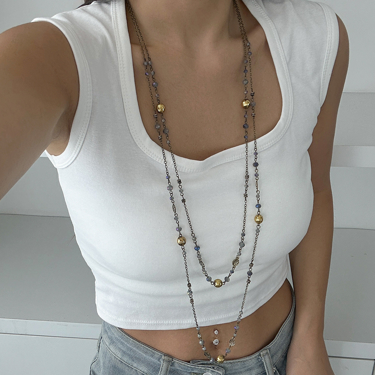 Ins style pearl bead long necklace design with multi-layered alloy collarbone chain set