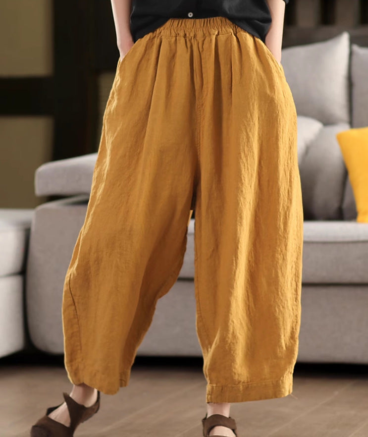 Summer New Heavy Sand-Washed Linen Vintage Color Loose Trousers Slim Literary Flare Pants Harem Pants