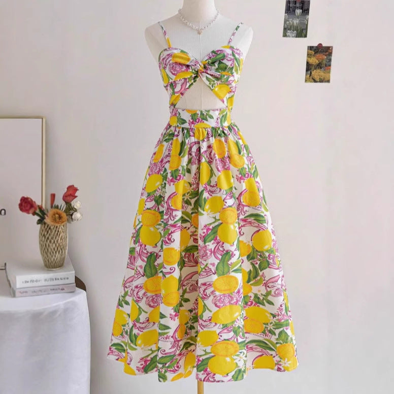 Sexy Strap Fitted Elegant Dress for Women - Vintage Print Long Dress