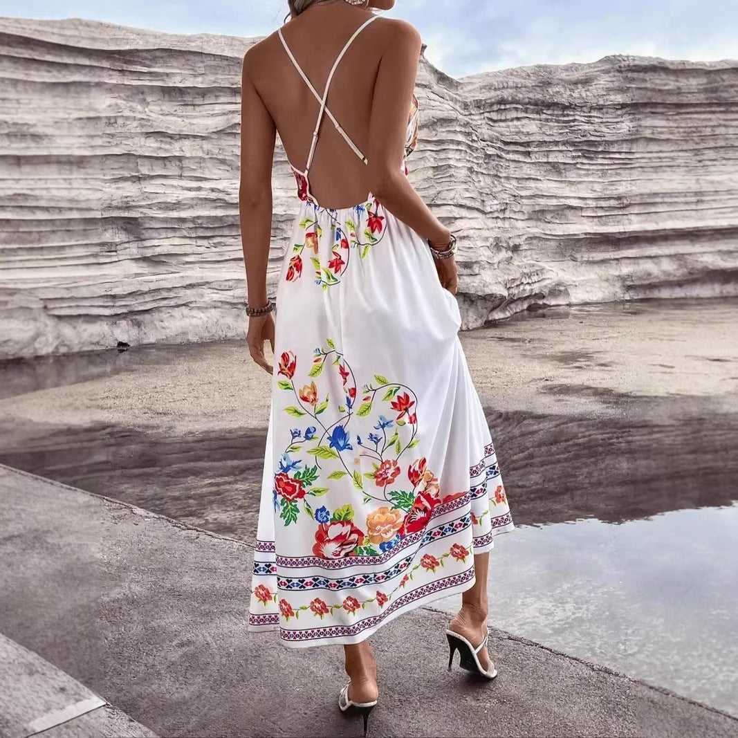 Vintage Ethnic Print Elegant Fitted Slimming Short Vacation Dress for Women