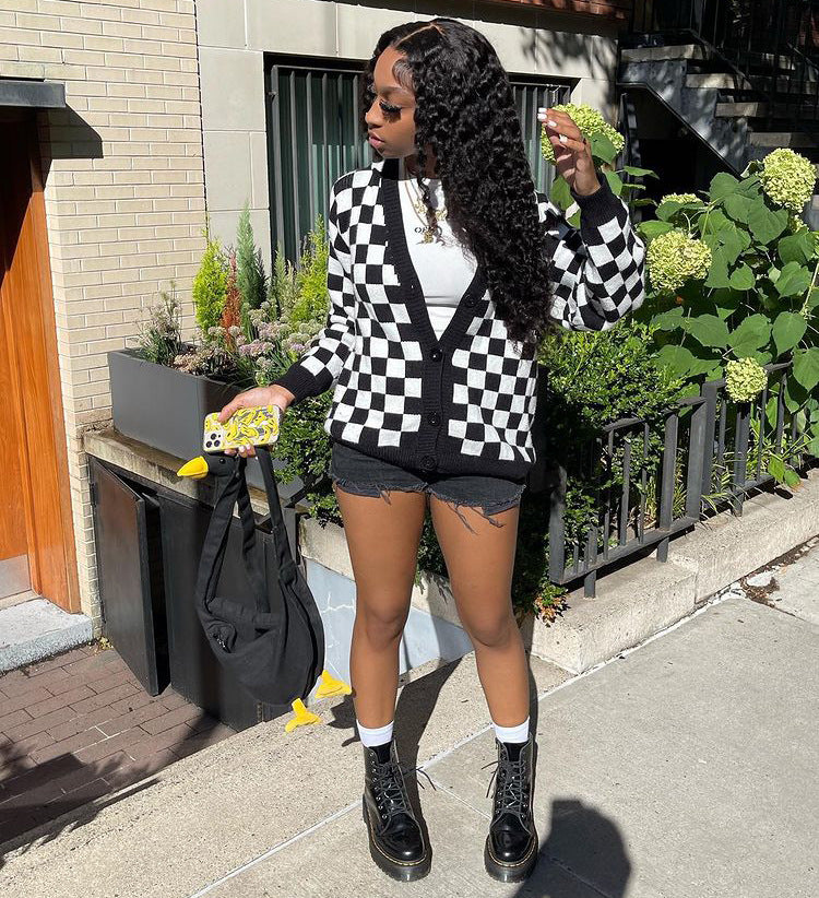 Style Checkered Long Sleeve Open Front Cardigan Women's Top