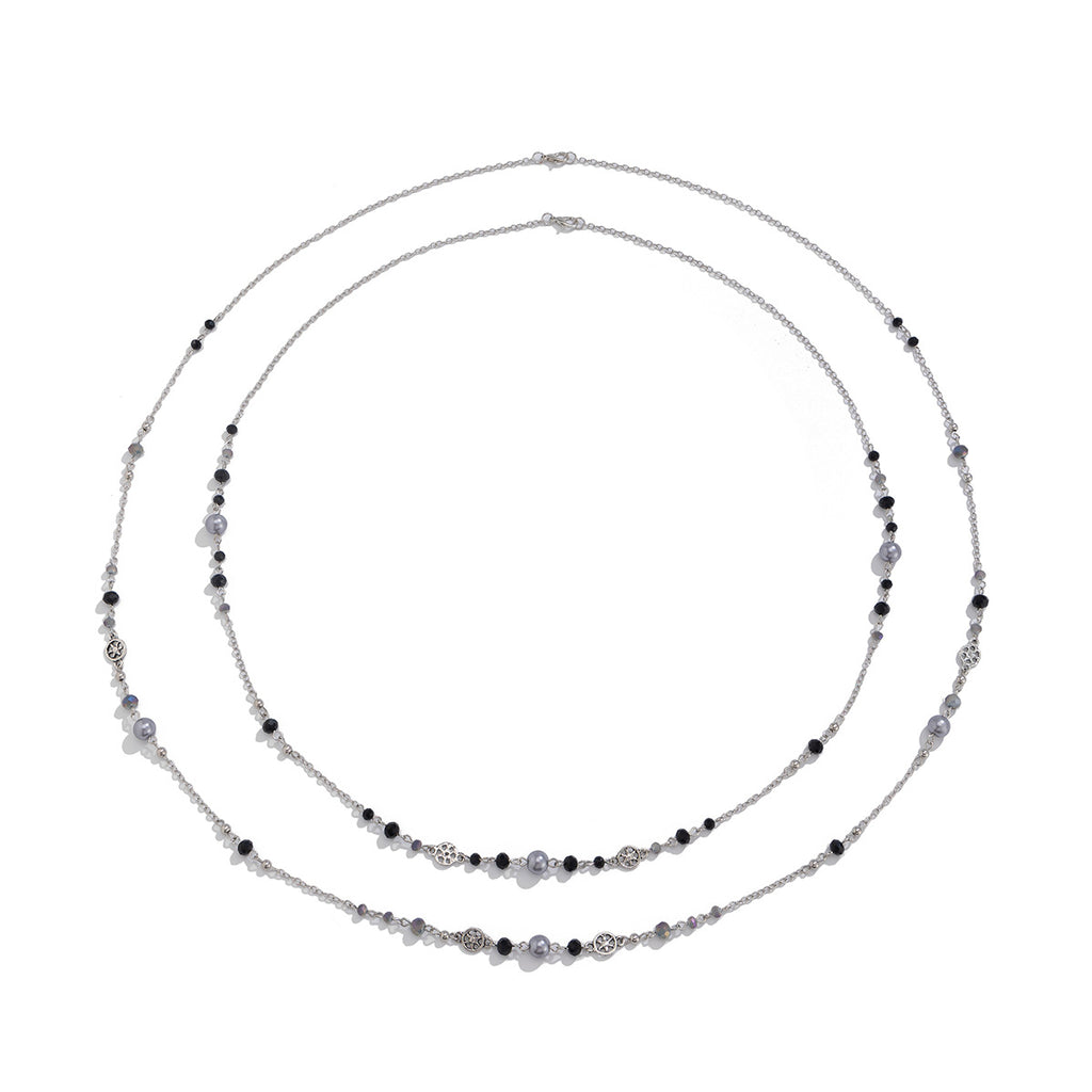Ins style pearl bead long necklace design with multi-layered alloy collarbone chain set