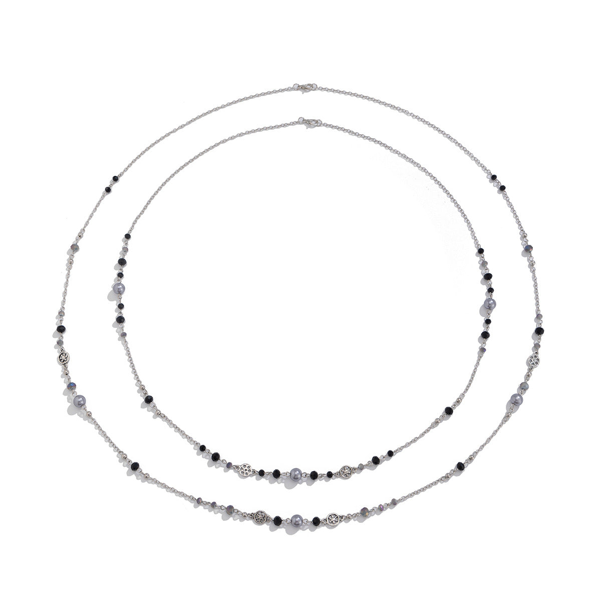 Ins style pearl bead long necklace design with multi-layered alloy collarbone chain set