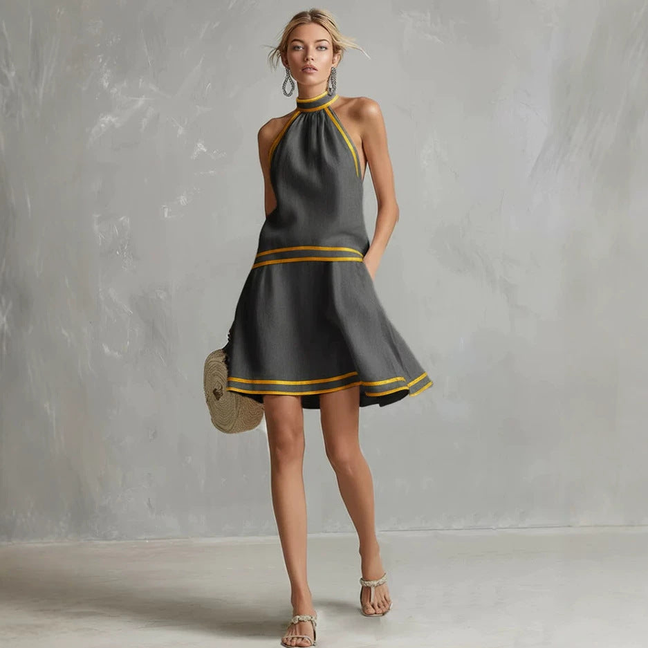 Choker Neck Fashion Short Dress with Striped Trim, Comfortable Sleeveless Fitted Dress