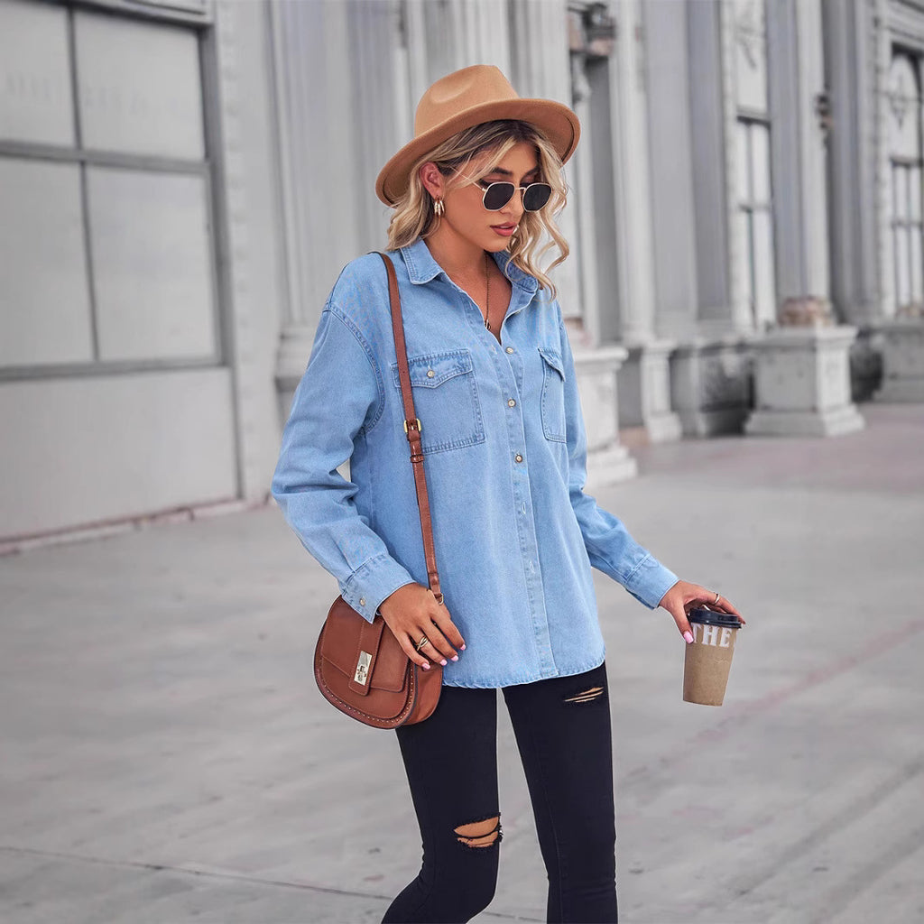 Fashionable Slim-Fitting Denim Jacket for Women with Single Row of Buttons, Long Sleeve Casual Shirt