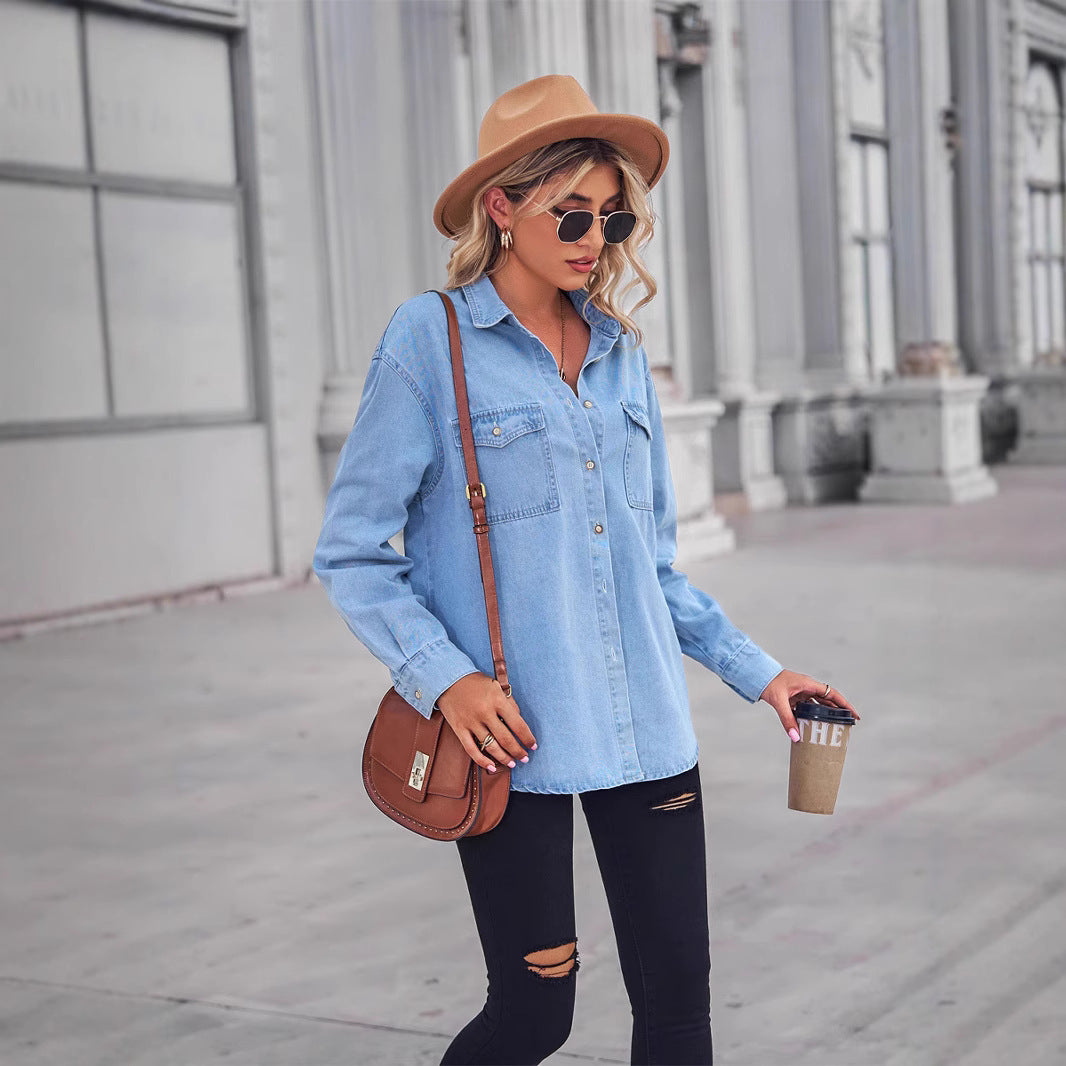 Fashionable Slim-Fitting Denim Jacket for Women with Single Row of Buttons, Long Sleeve Casual Shirt