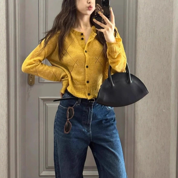 Stylish Yellow Long Sleeve Knit Cardigan for Women Short Outerwear Top