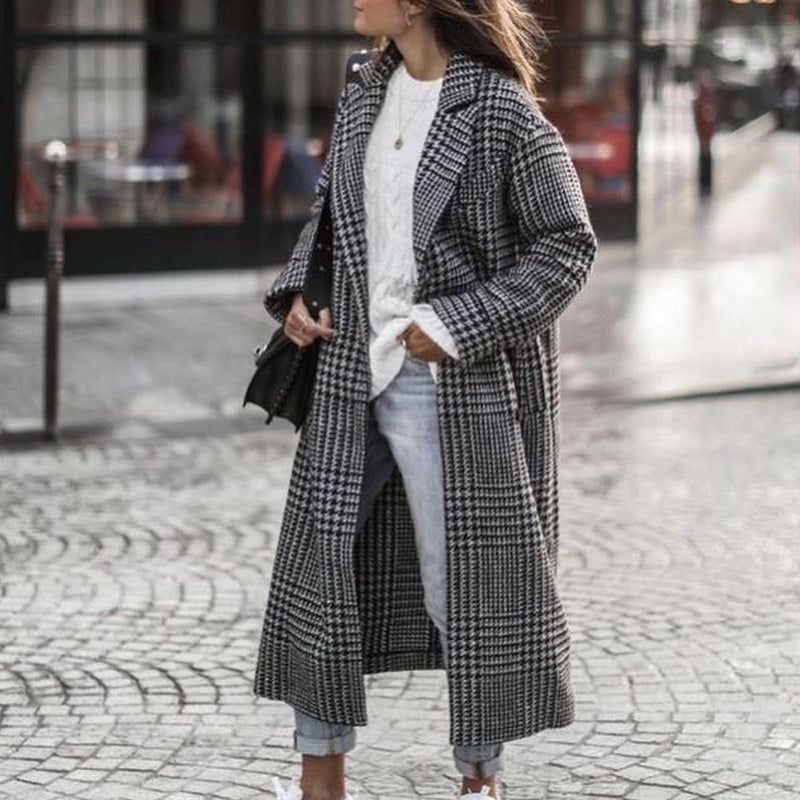 Autumn Long Sleeve Notched Lapel Printed Woolen Trench Coat for Women