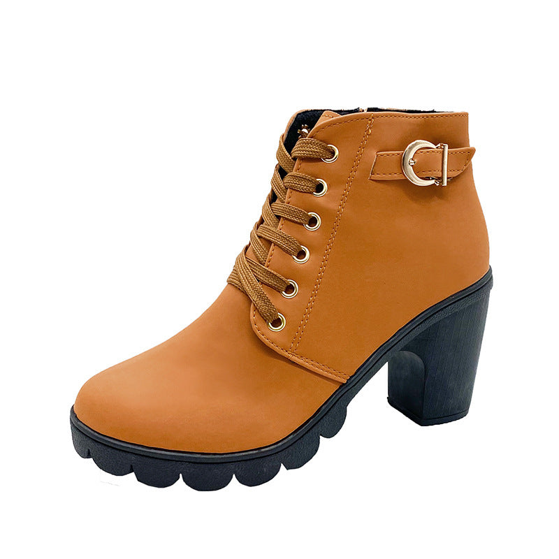 High heels belt buckles thick heels round toe Martin boots for women