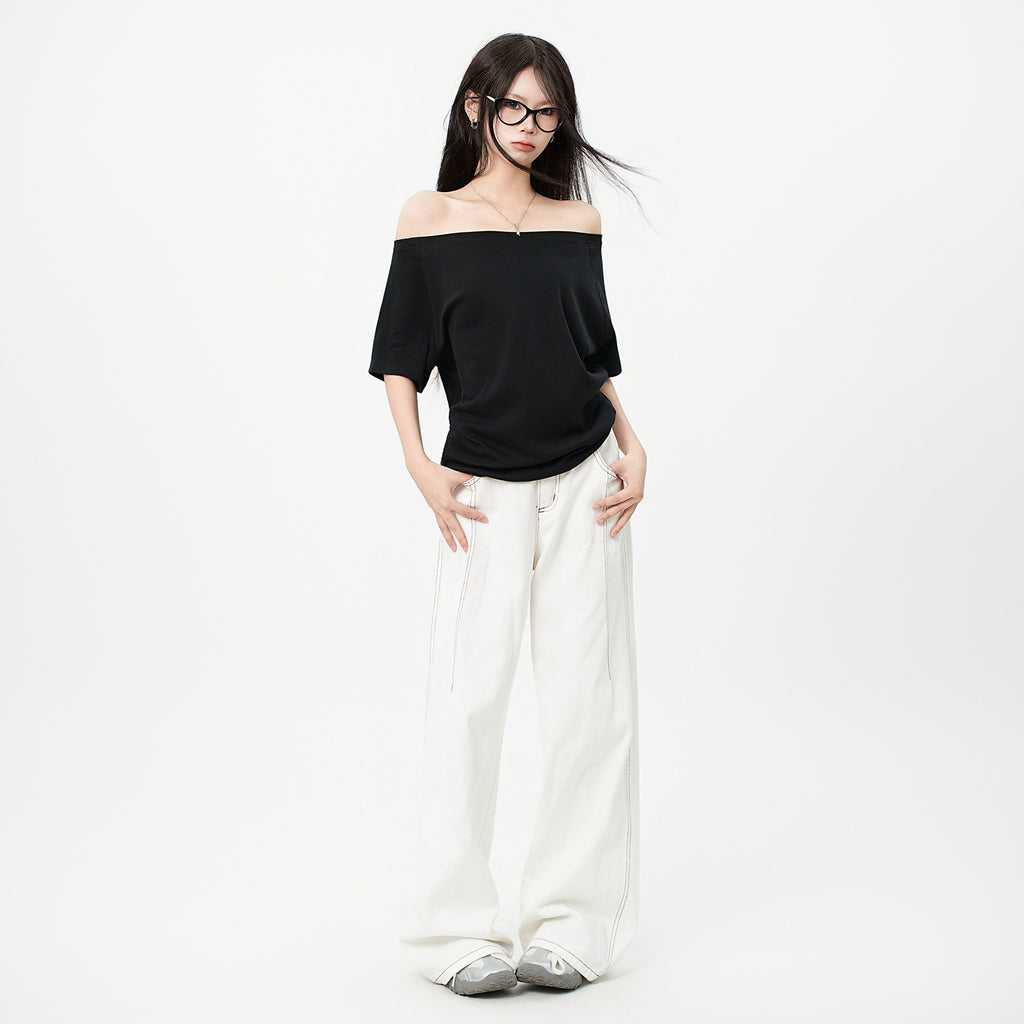 One-Shoulder Asymmetrical Design Short Sleeve T-Shirt Loose Relaxed Style Top