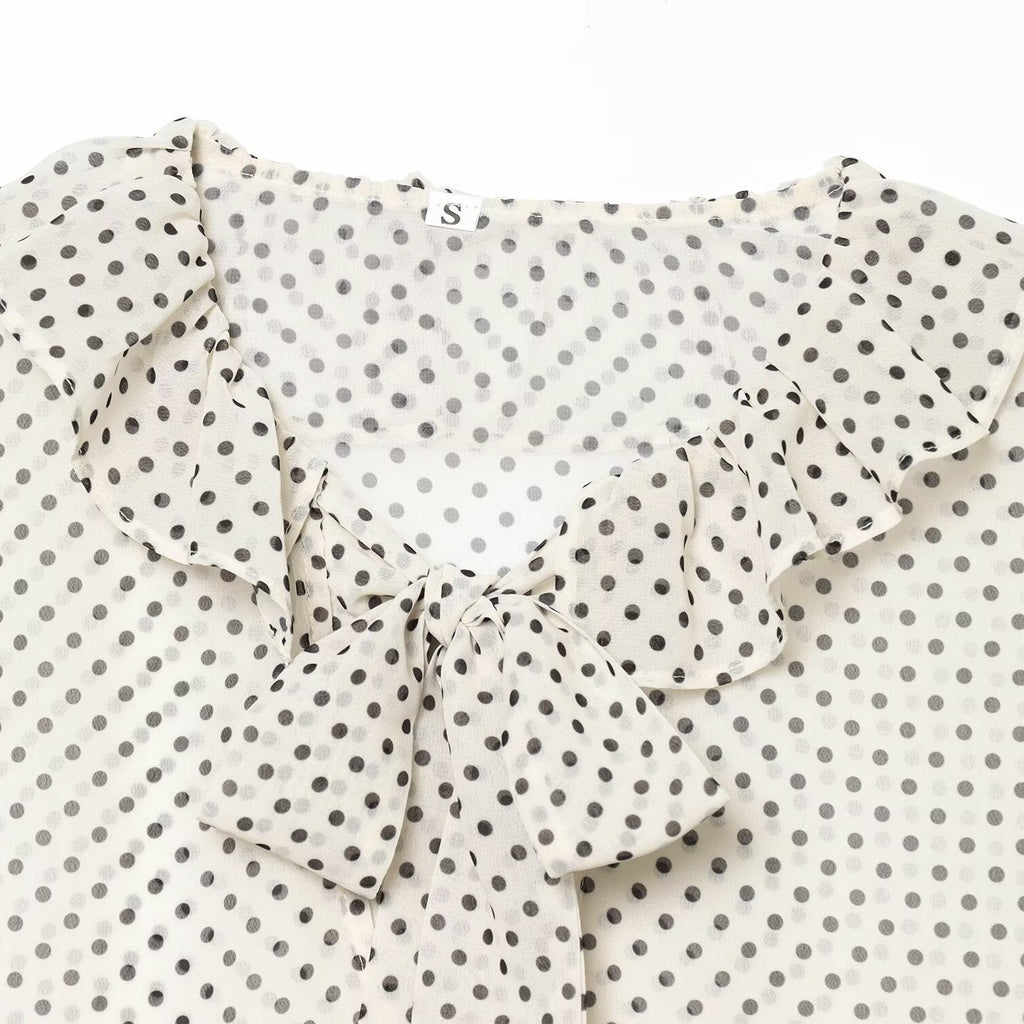 Polka dot bow embellished lace collar shirt