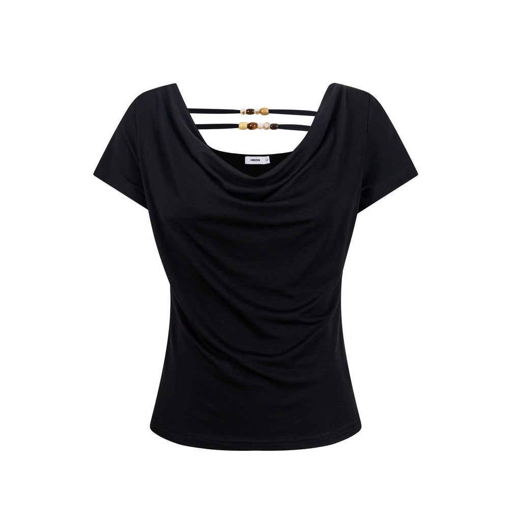 Off-Shoulder Short Sleeve T-Shirt with Back Beaded Detail, Fitted Slim Fit Top