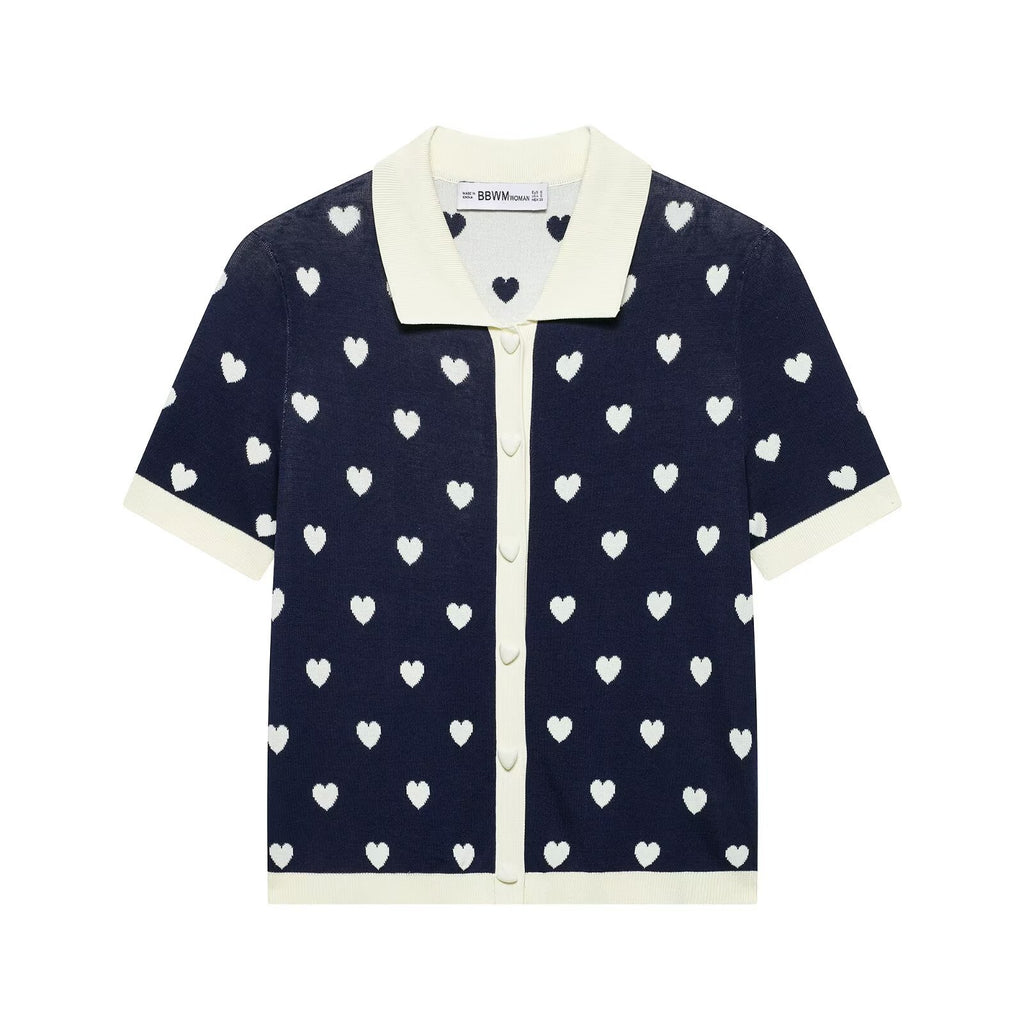 Versatile heart-shaped jacquard knitted polo shirt