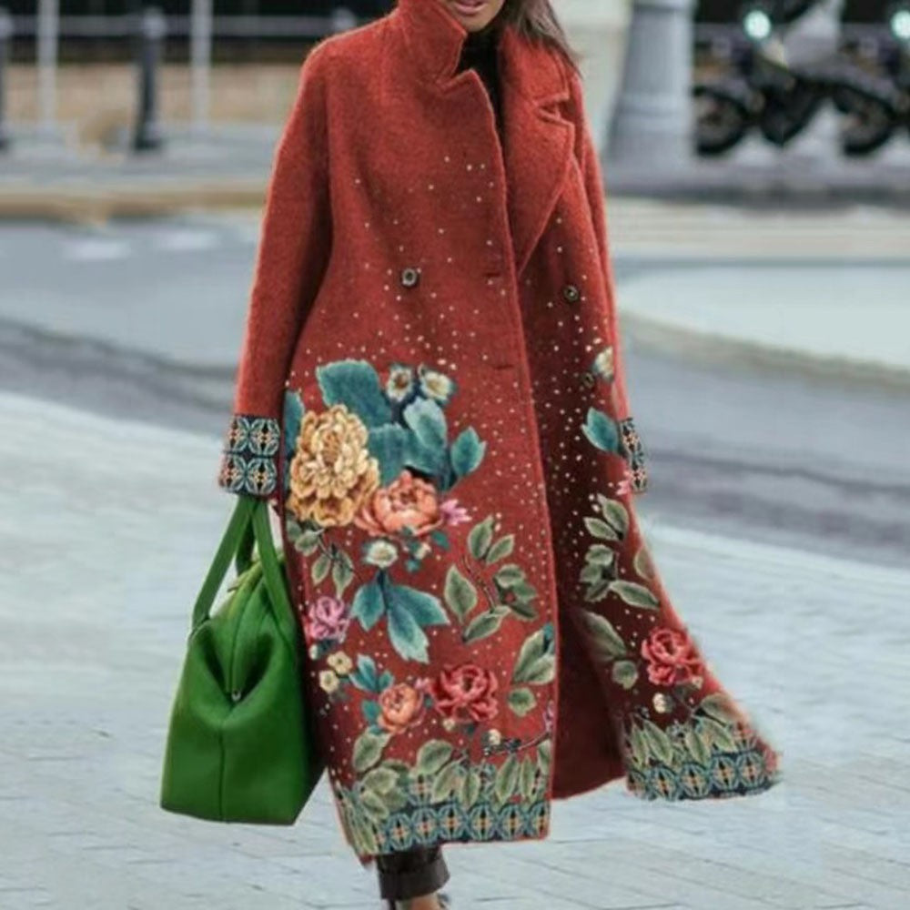 Autumn Long Sleeve Notched Lapel Printed Woolen Trench Coat for Women