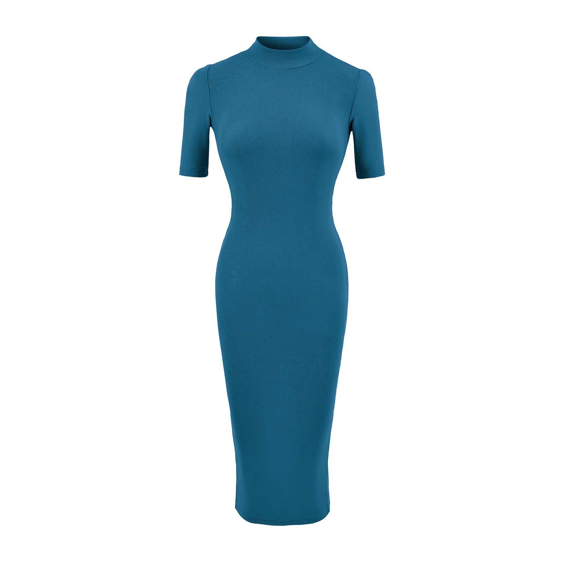 Half-High Neck Mid-Sleeve Back Slit Dress for Women,  Fitted A-Line Bodycon Skirt