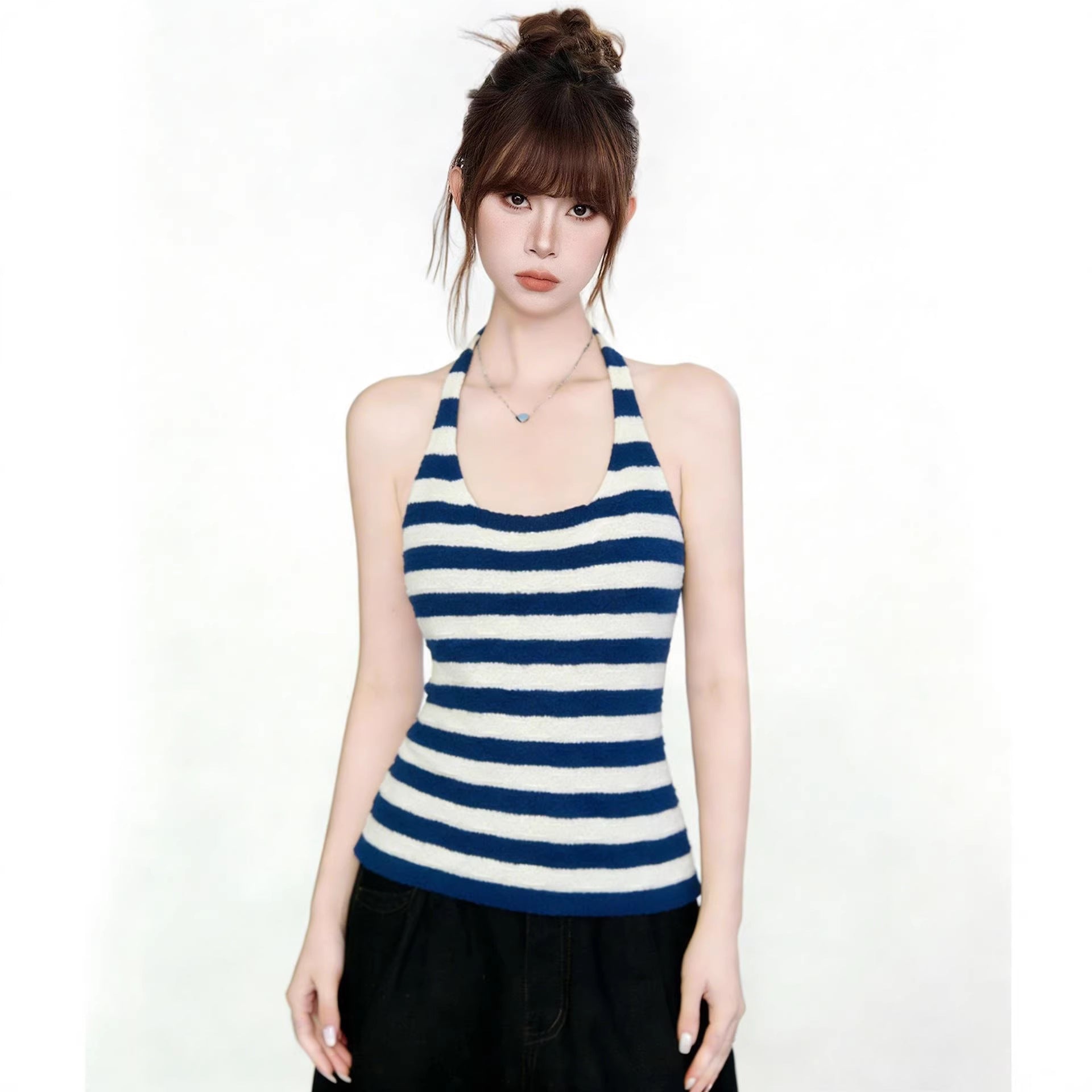 Blue and White Stripe Crop Top for Women, Knit Halter Neck Sleeveless Vest