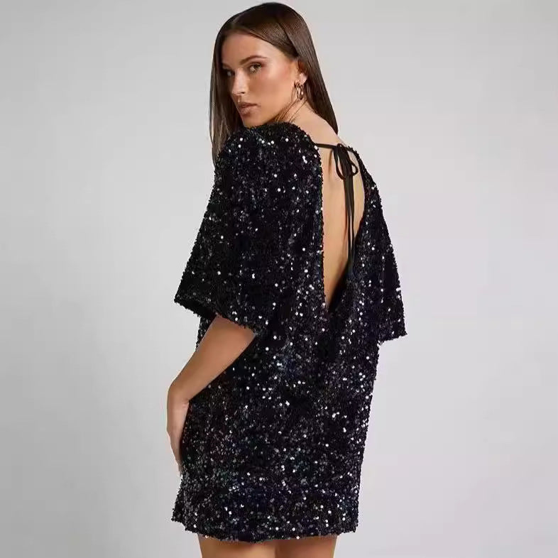 Chic Shoulder Strap Beaded Dress Women's Mid-Length Cocktail Dress