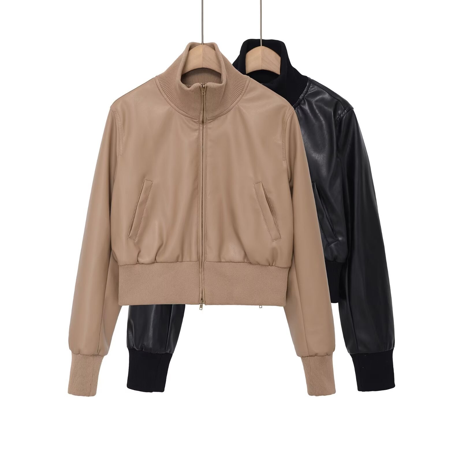 Stand collar versatile and minimalist faux leather executive jacket