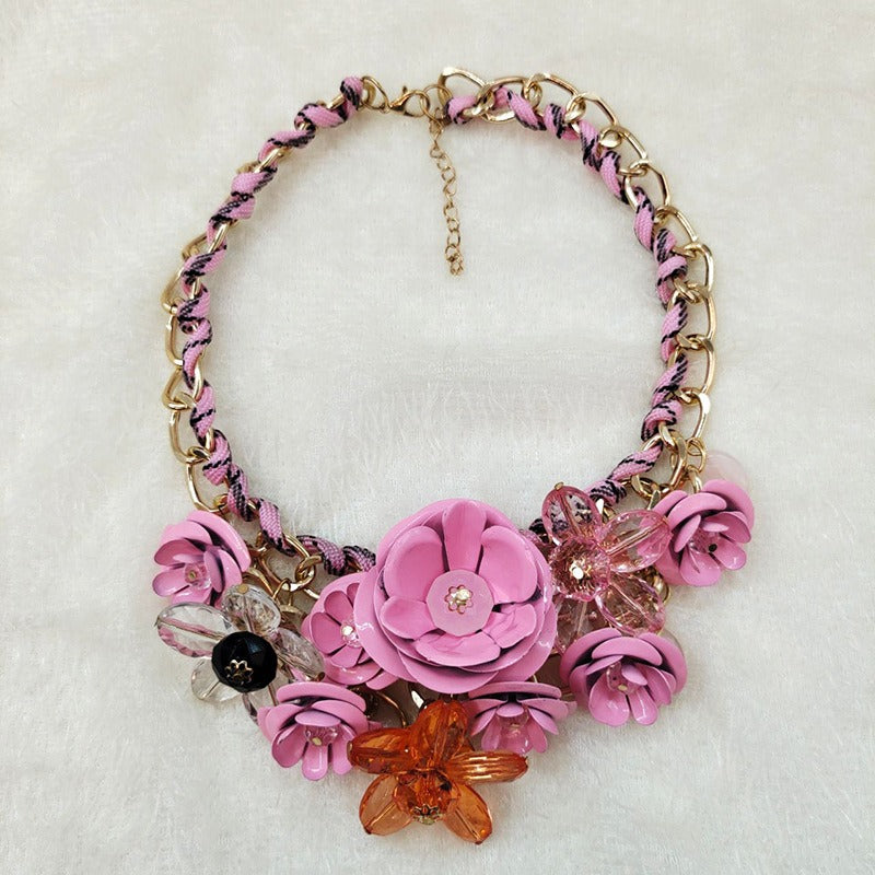 Colorful flower gemstone pendant rope braided necklace short clavicle exaggerated women's accessories necklace