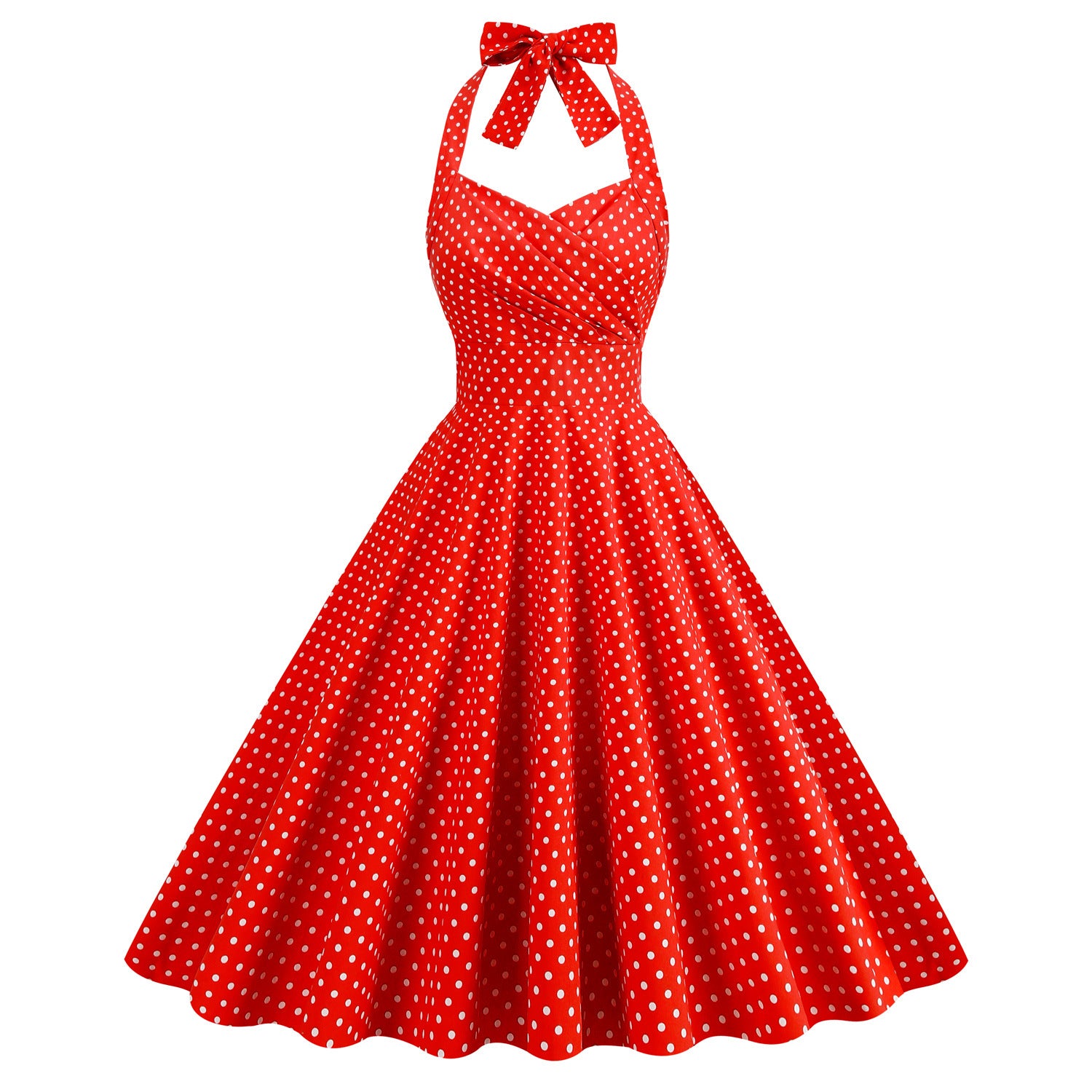 Hepburn Style Vintage Short Sleeve Color-block Polka Dot Halter High Waist Performance Dress with Tie-up for Photos, Bridesmaid, Picnic