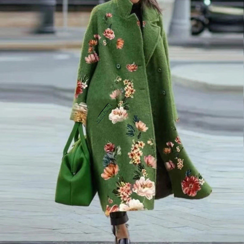 Autumn Long Sleeve Notched Lapel Printed Woolen Trench Coat for Women