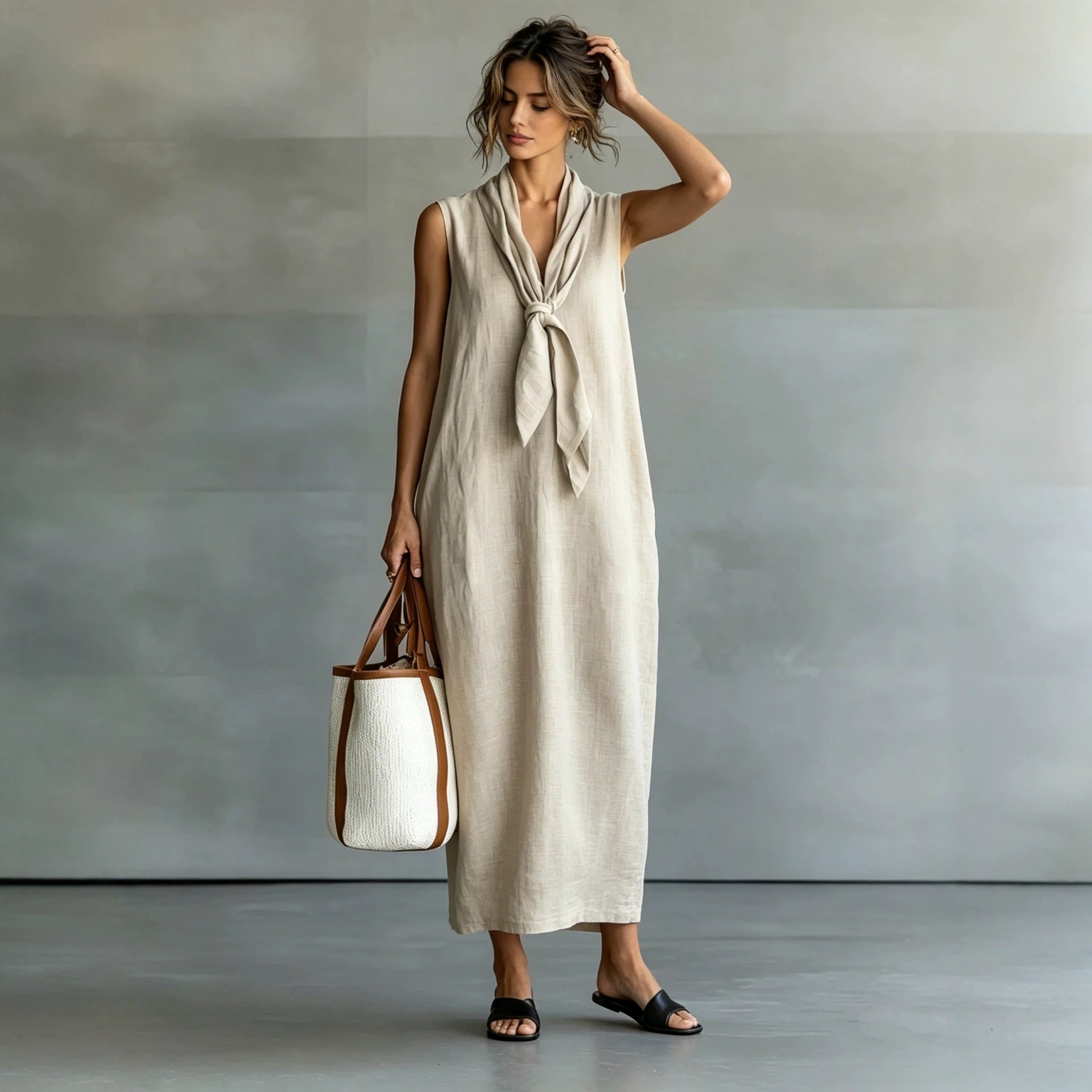 Chic Loose Vintage Style V-Neck Sleeveless Dress for Women