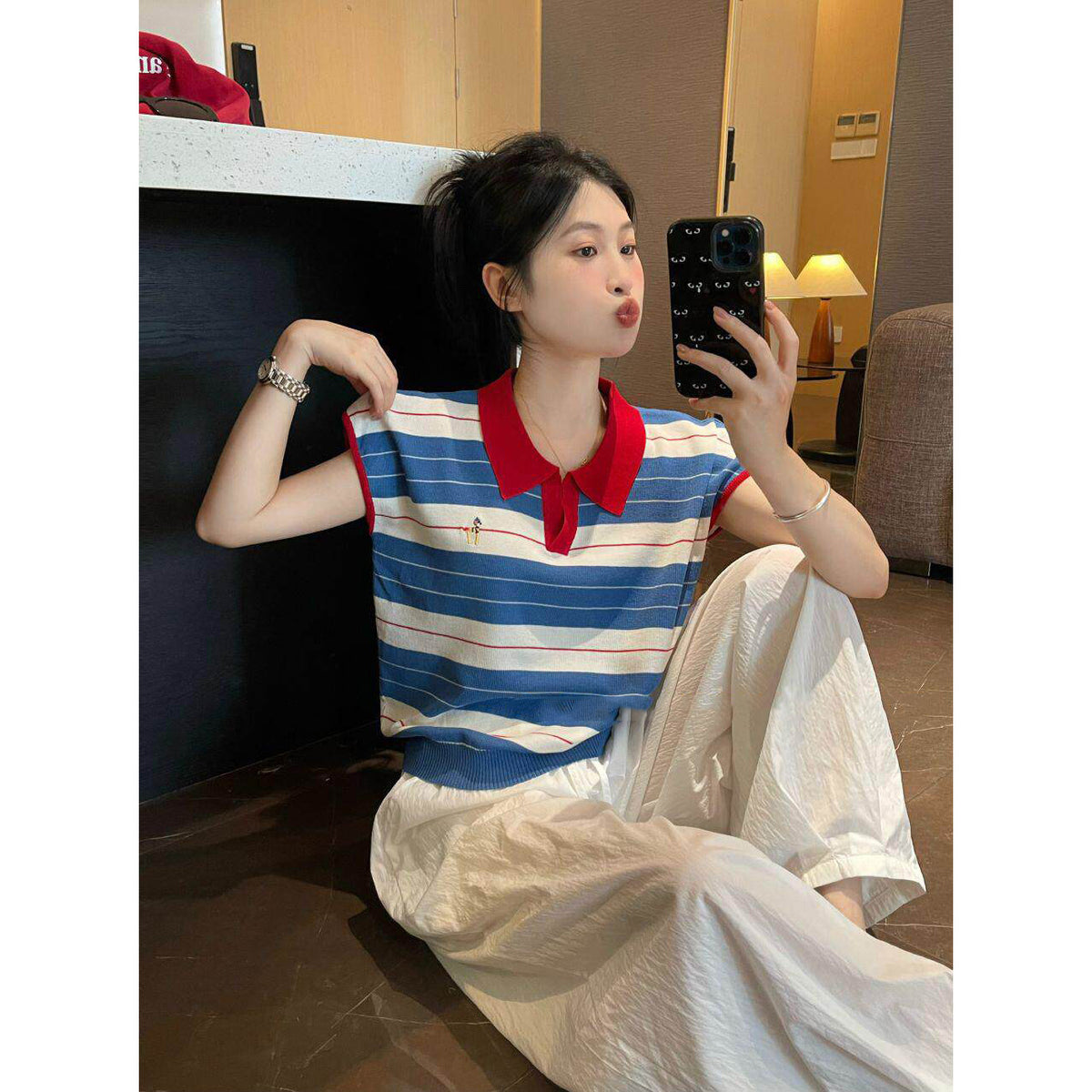 minimalist striped polo neck knitted top for women