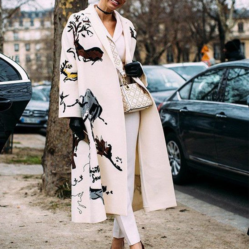 Autumn Long Sleeve Notched Lapel Printed Woolen Trench Coat for Women