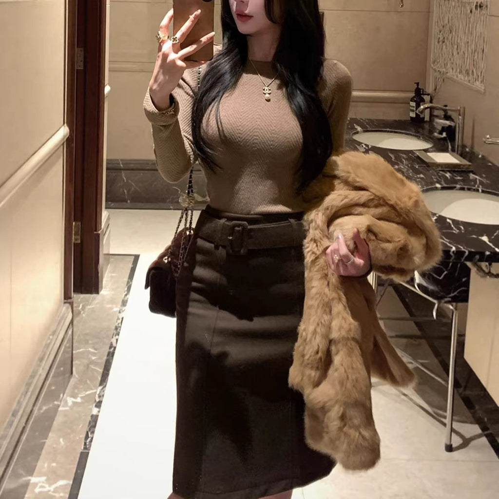 Woolen Midi Skirt for Women with Detachable Belt Straight Cut Elegant and Classic Style
