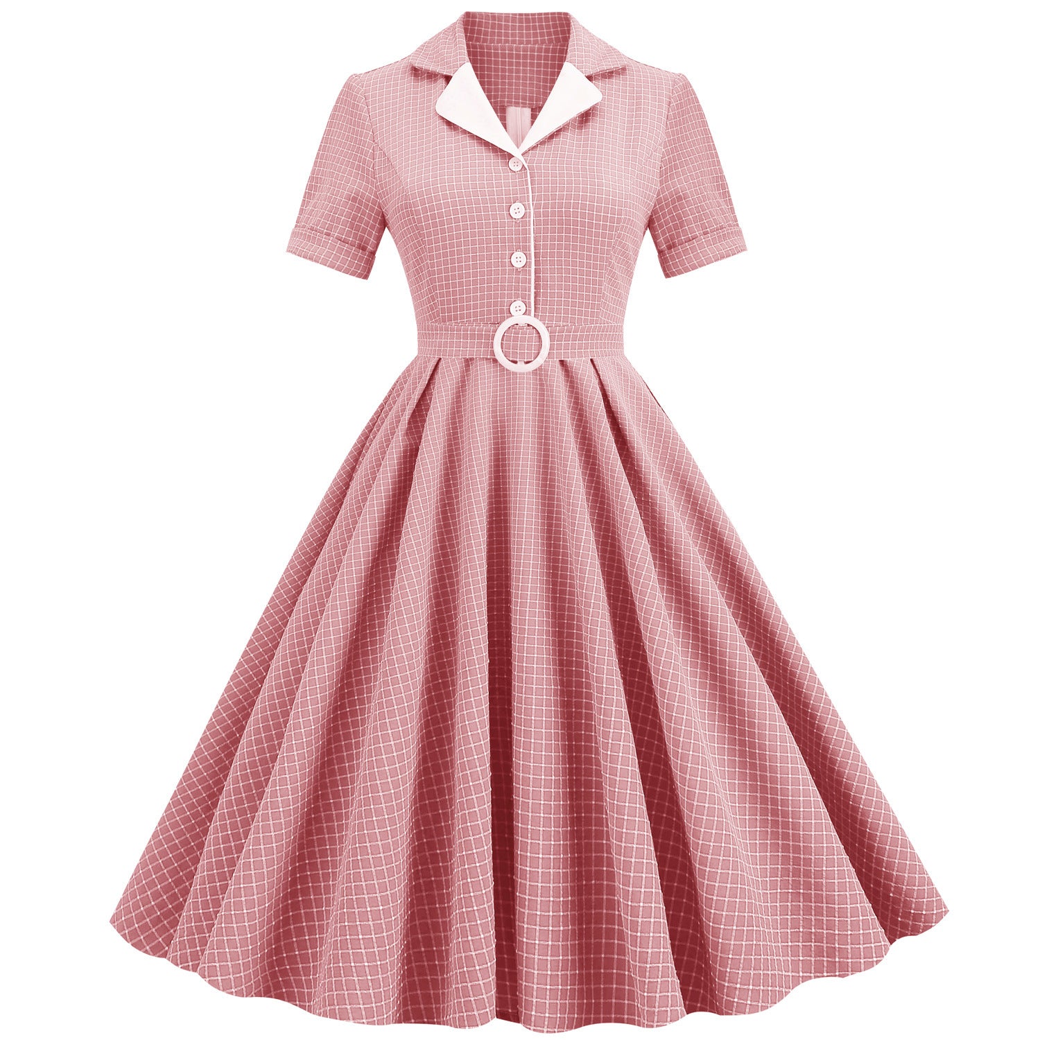 Elegant  Suit Collar Plaid Fitted Tie-Waist Flared Mid-Length Vintage Dress for Women