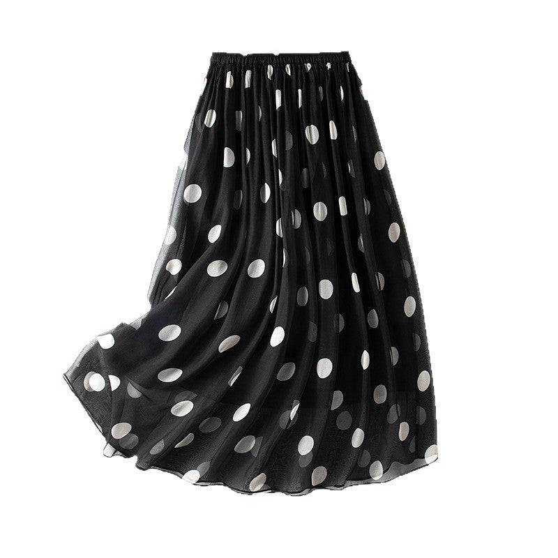Black Polka Dot Silk Skirt for Women, Lightweight Chiffon Satin Beach Skirt with Floral Pattern